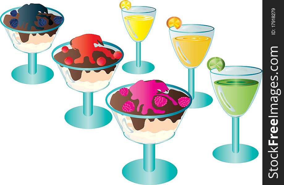 Chocolate dessert with berries and cocktails with citrus.Vector illustration. Chocolate dessert with berries and cocktails with citrus.Vector illustration.