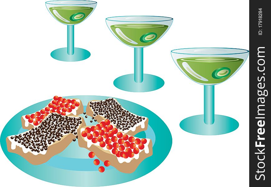 Cocktails with olives and sandwiches with caviar. Vector illustration. Cocktails with olives and sandwiches with caviar. Vector illustration.