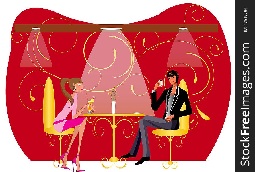 Bar restaurant lounge coffee women  man Illustration  table red background chairs table. Bar restaurant lounge coffee women  man Illustration  table red background chairs table