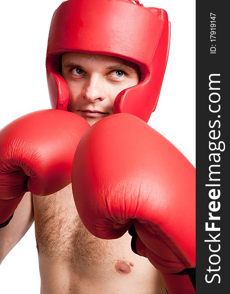 Professional fighter with boxing gloves and protective headgear isolated on white background. Professional fighter with boxing gloves and protective headgear isolated on white background