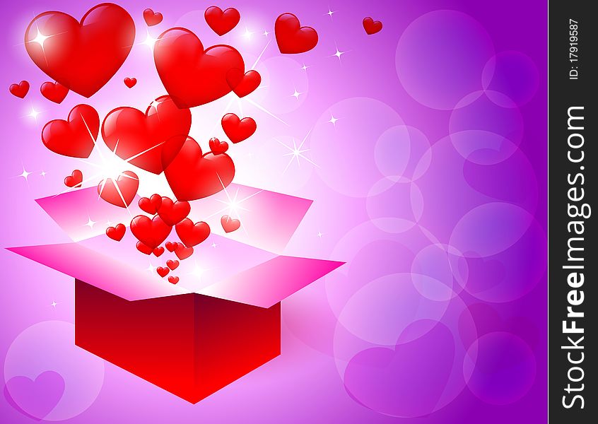 Pink valentine card with red flying hearts