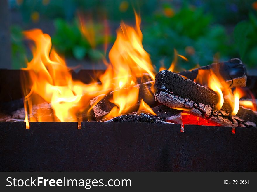 Hot fire and flames on  wood with  close-up.