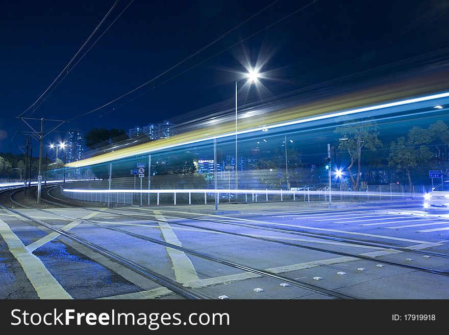 Light Rail In Moving Motion In Hong Kong