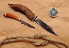 Hunting Knife, Compass And Rope Stock Photo