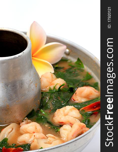 Thai Dishes - Tom Yam Kung. Spicy Shrimp Soup with White Background