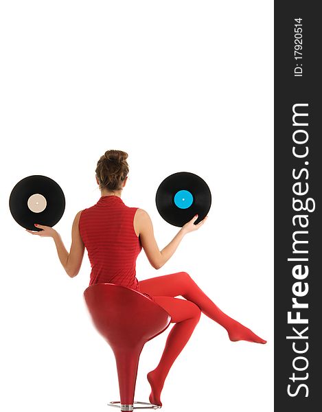 Young woman with vinyl record isolated in white