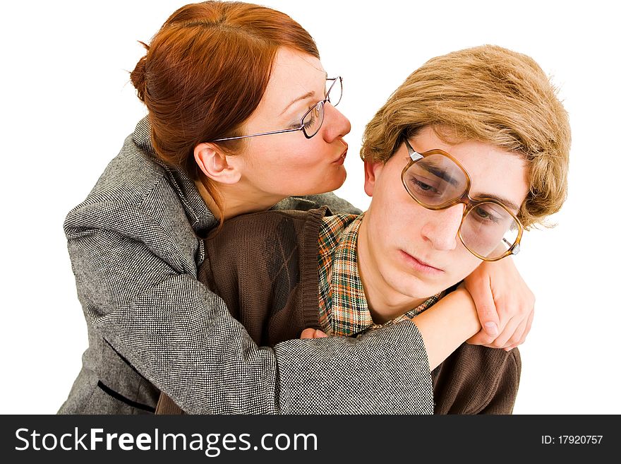 Woman and nerd lookig guy with isolated background. Woman and nerd lookig guy with isolated background