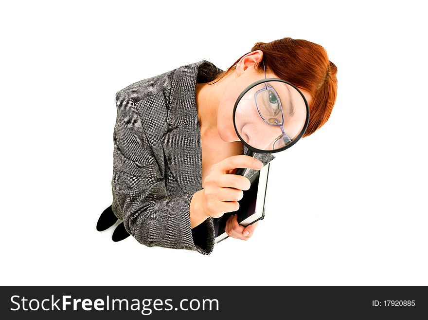 Woman in research wiith magnifying glass. Woman in research wiith magnifying glass