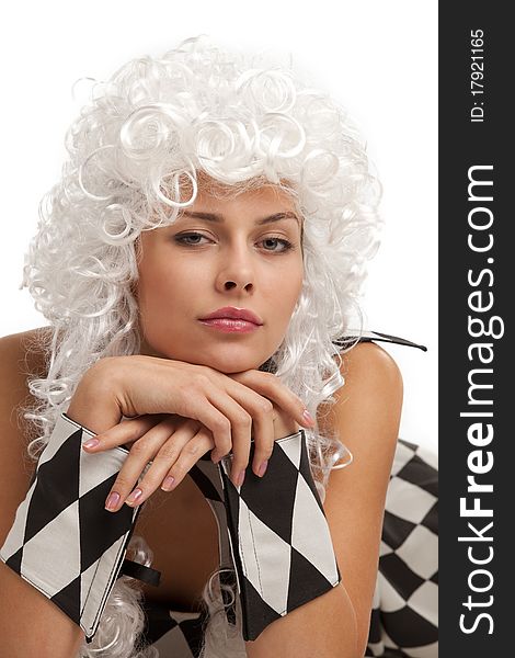 Female in chess Queen suit over white background