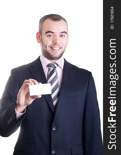 Business man holding a blank business card, isolated on white