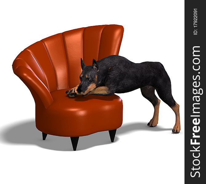 Black Doberman Dog. 3D rendering with clipping path and shadow over white