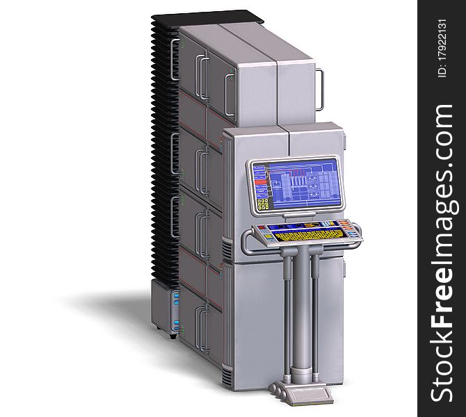 A historic science fiction computer or mainframe. 3D rendering with clipping path and shadow over white