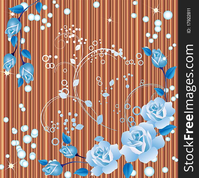 Blue roses and ornaments against a background of brown stripes. Blue roses and ornaments against a background of brown stripes.