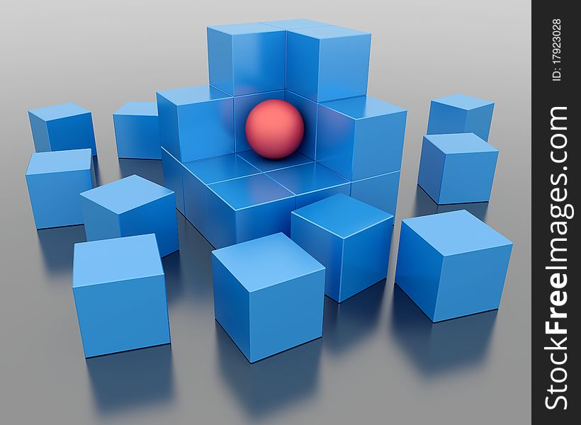 Abstract cube partially assembled from blocks with red sphere inside.