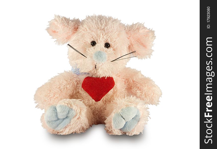 Rose bear toy with red heart isolated on white