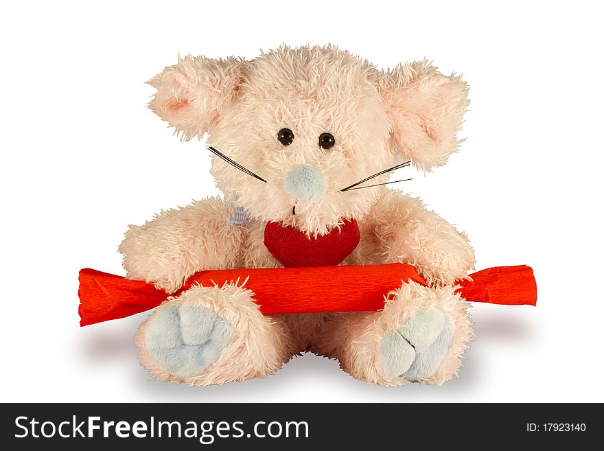 Rose bear toy with candy isolated on white