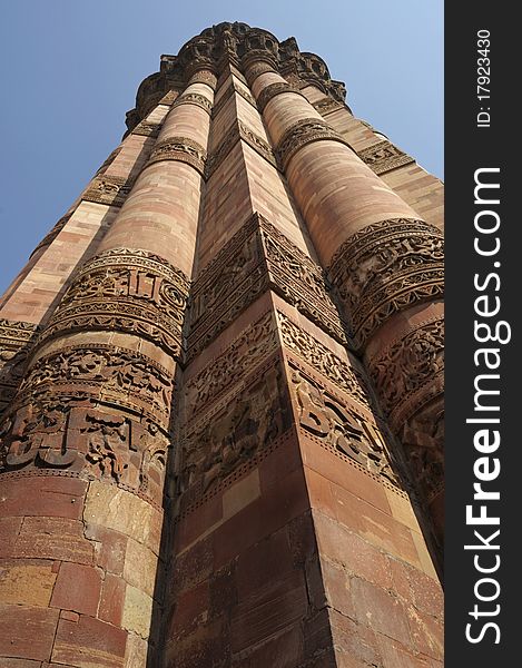 Lower angle of the Qutb Minar in Delhi.