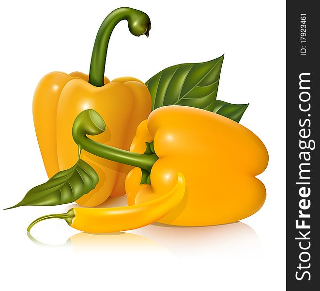 Vector yellow sweet and chili peppers with leaves.