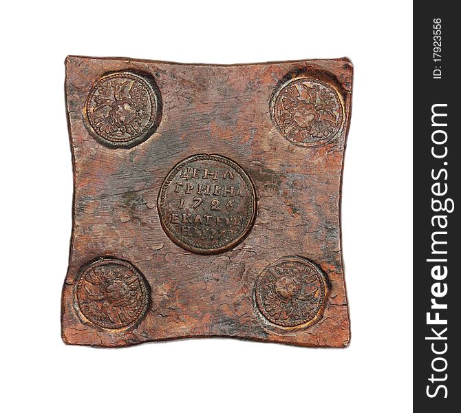 Converted square copper coin of one hryvnia, ten cents, 1726. Converted square copper coin of one hryvnia, ten cents, 1726