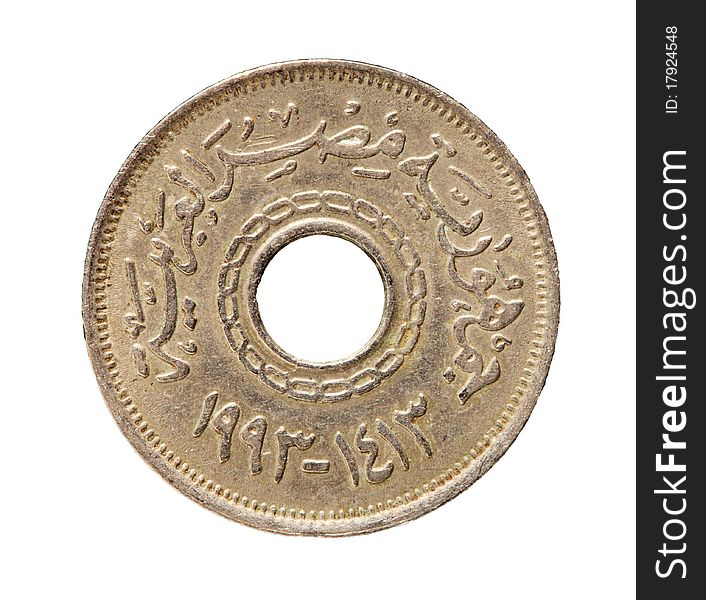 Closeup view of an Egyptian coin isolated on white