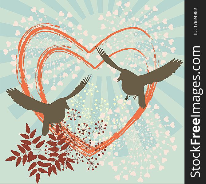 Retro stylized grunge floral background - hearts and birds. Retro stylized grunge floral background - hearts and birds