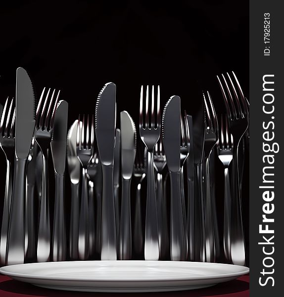 Knifes and forks around dinner plate. 3D illustration. Knifes and forks around dinner plate. 3D illustration