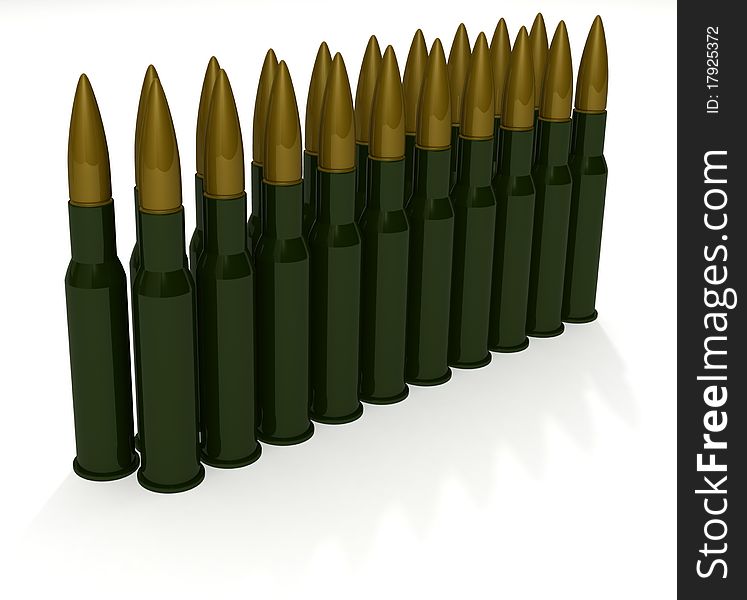 Cartridges for machine gun Kalashnikov on white background