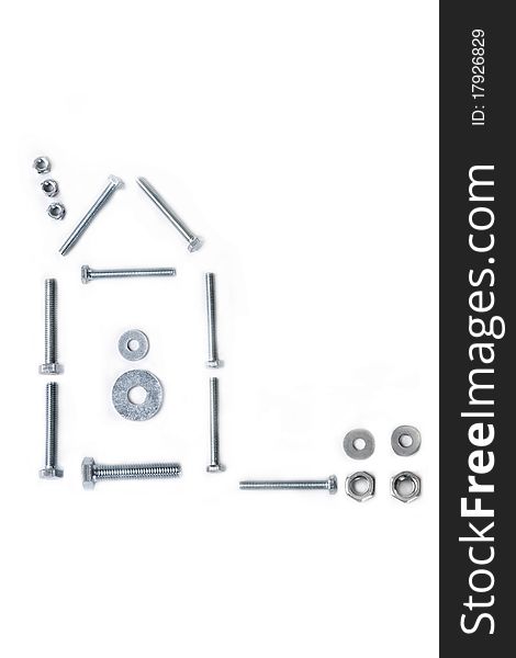 From screws and nuts the house on a white background is represented schematically. A shot horizontal