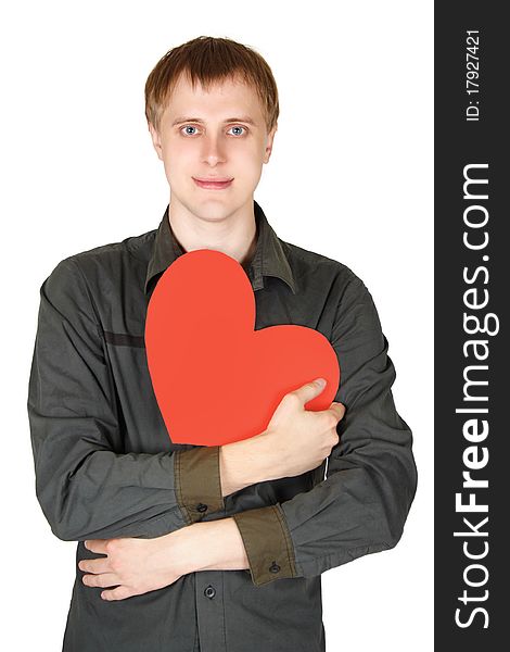 Man Holding Red Paper Heart And Smiling