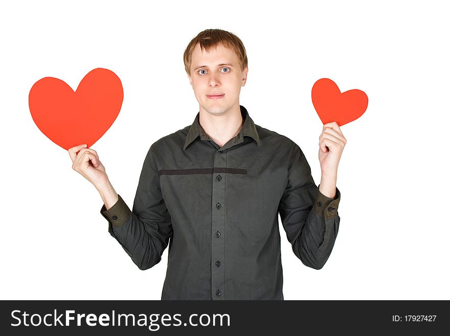 Man Holding Red Paper Hearts Isolated