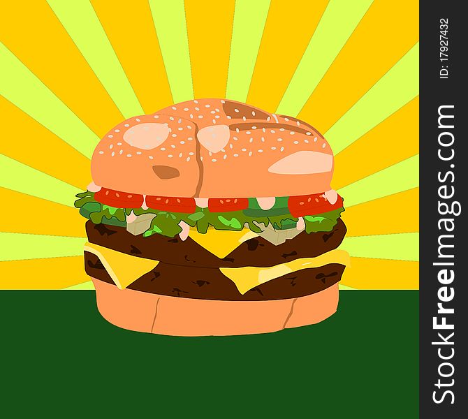 Illustration of a double cheeseburger with green and yellow background.
