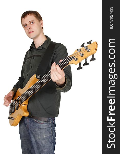 Young caucasian man with bass guitar, half body, looking at camera, isolated. Young caucasian man with bass guitar, half body, looking at camera, isolated