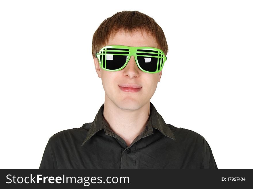 Young man in modern club sunglasses smiling isolated