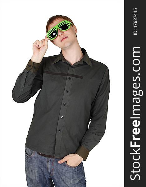 Young man in modern club sunglasses isolated