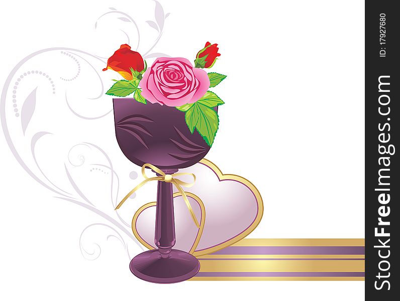 Vase with bouquet of roses and hearts. Illustration