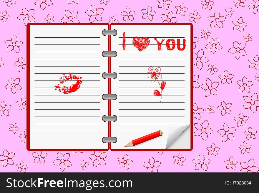 Hand-drawn heart and love messages on notebook paper with pencil. Vector. Hand-drawn heart and love messages on notebook paper with pencil. Vector.