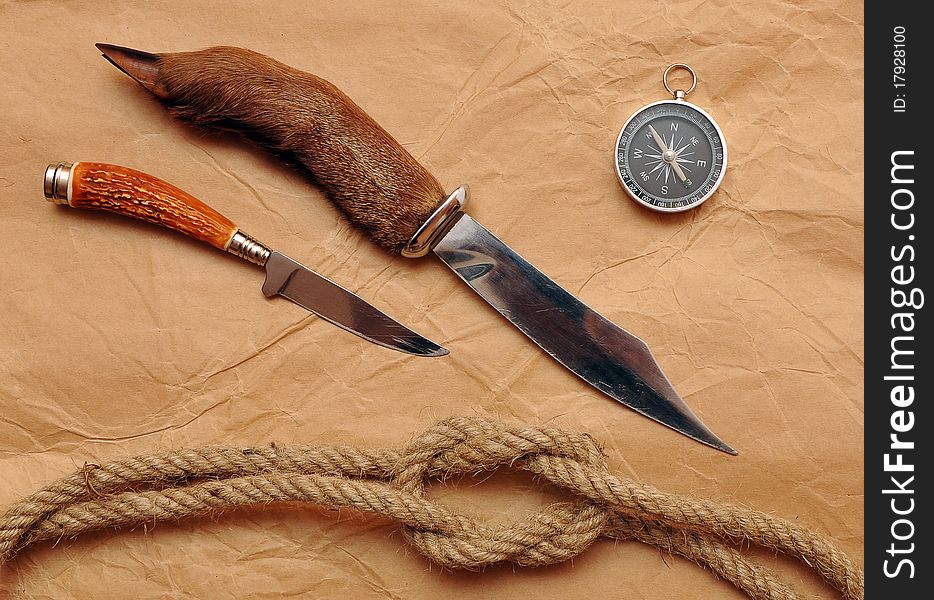 Hunting Knife, Compass And Rope