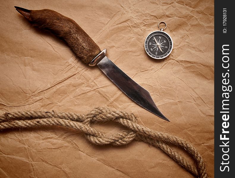 Hunting Knife, Compass And Rope