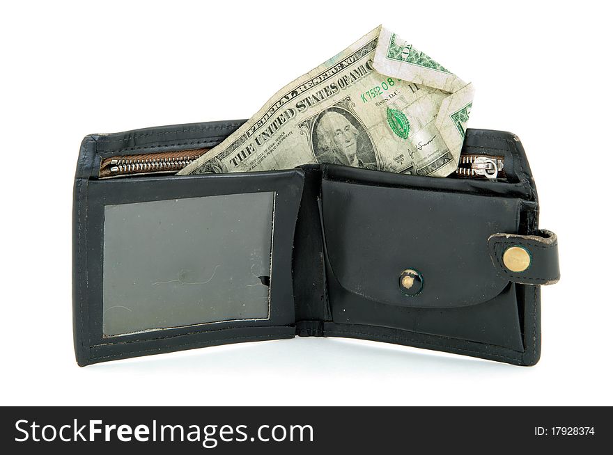 A wallet with one dollar on the white background.