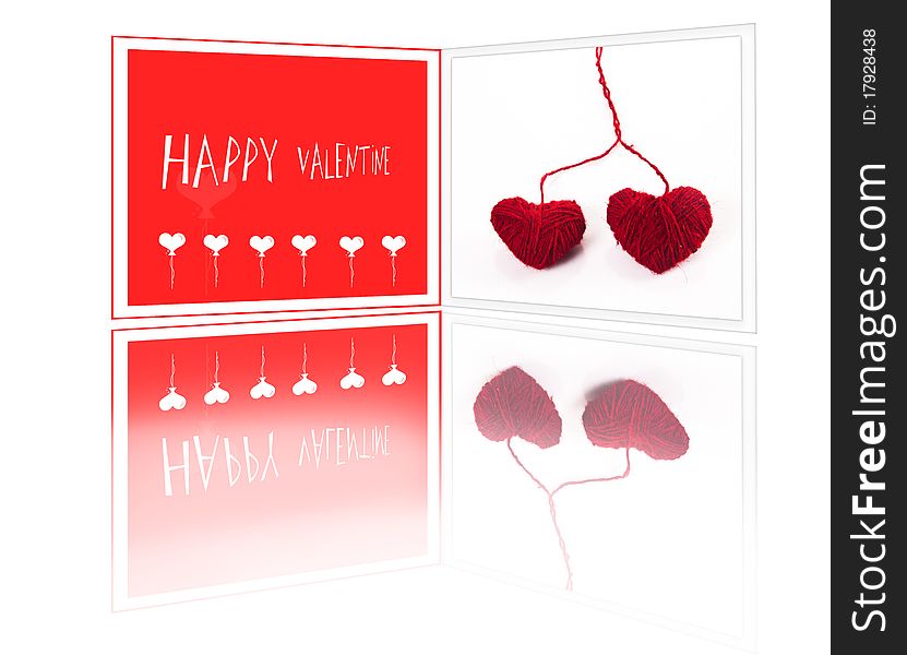 Valentine greeting card with two red fibre hearts