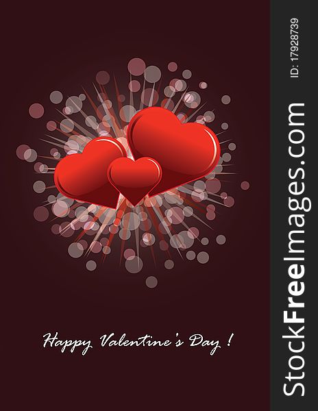 Elegant Valentine's Day postcard with three stylish red hearts and a splash of colorful circles