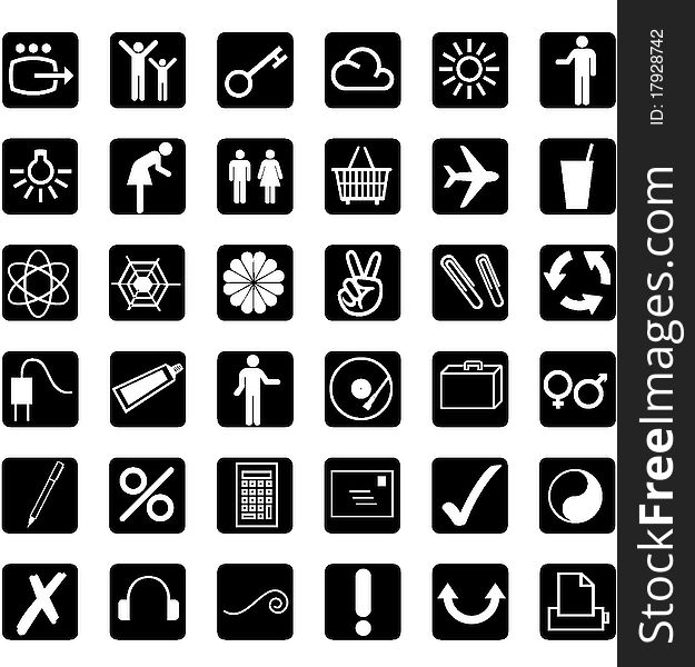 36 Different Icons - White - Background Black