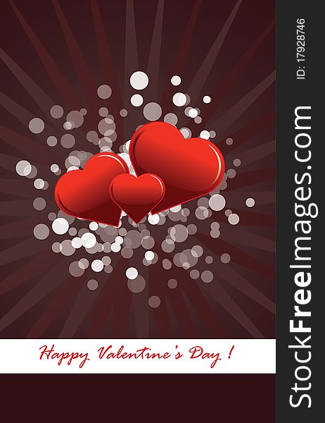 Elegant Valentine's Day postcard with three stylish red hearts and a splash of colorful circles