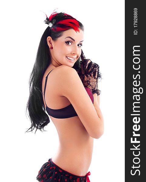 Beautiful young brunette woman beautiful underwear and feathers in her hair. Beautiful young brunette woman beautiful underwear and feathers in her hair