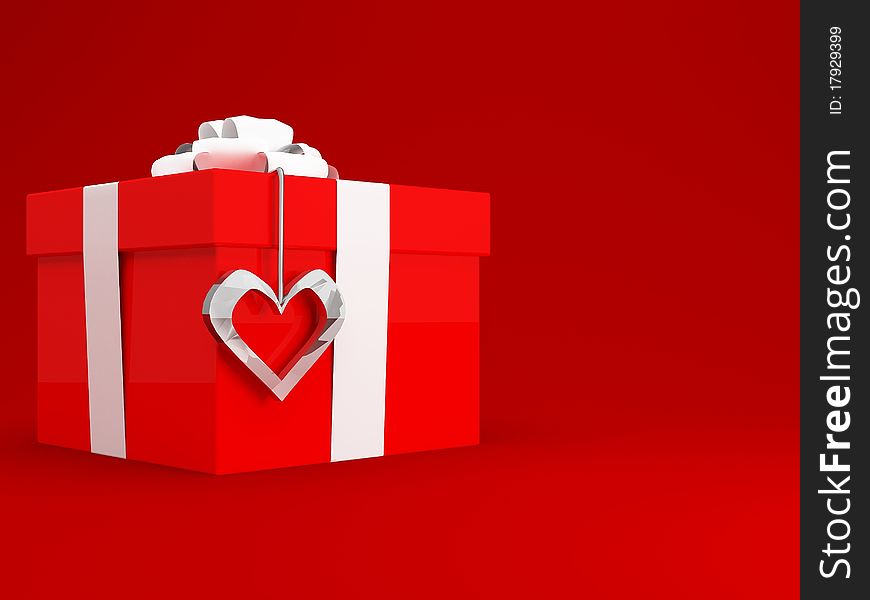 Red gift box with white ribbon and metal heart on red background. Red gift box with white ribbon and metal heart on red background