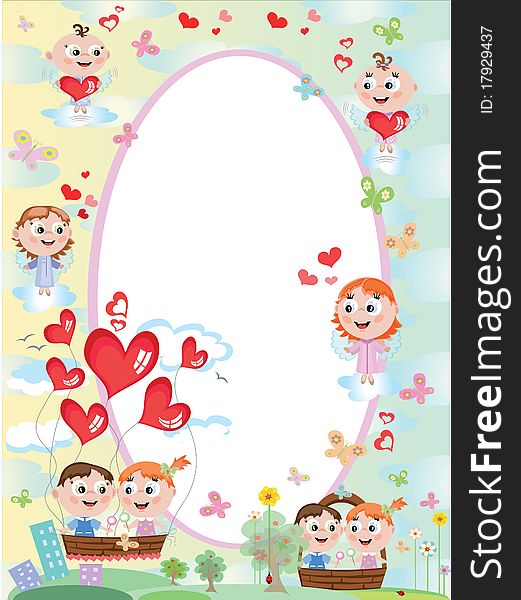 Summer :oval frame with children butterflies and hearts. Summer :oval frame with children butterflies and hearts