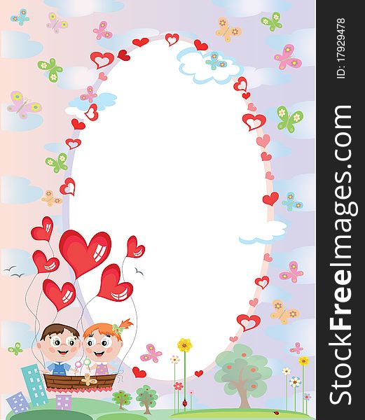 Summer :oval frame with children butterflies and hearts. Summer :oval frame with children butterflies and hearts