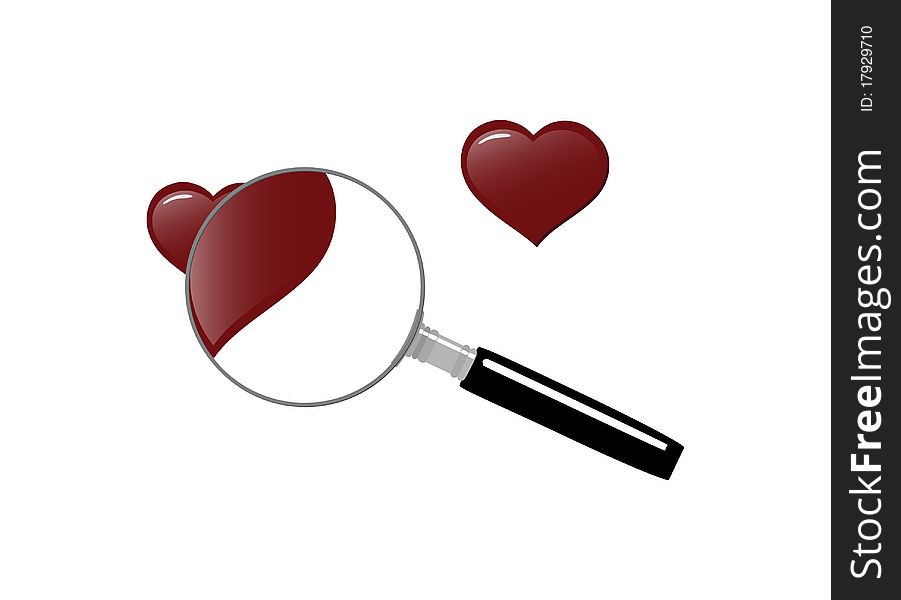 Magnifying glass with hearts, symbolizing the search for love. Magnifying glass with hearts, symbolizing the search for love