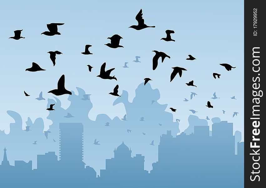 Birds fly by over a city. A illustration. Birds fly by over a city. A illustration