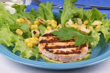 Grilled Salmon And Zucchini With Salad And Corn Stock Photo Grilled Salmon And Zucchini With Salad And Corn Stock Photo